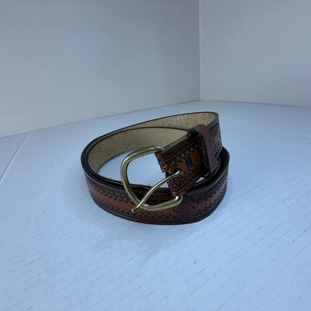 Western Cowboy Brown Leather Men's Belt Decorative Tooled Full Grain, Brass 47